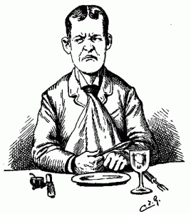 hungry-angry-unhappy-man-waiting-for-dinner-poor-service-bad-review-restaurant-pen-ink-drawing